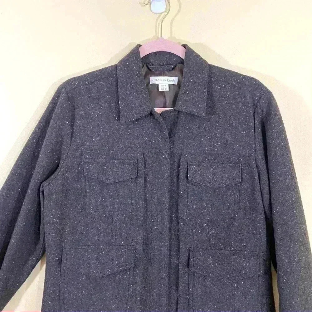 Coldwater Creek Chocolate Brown Collared Wool Safari Tweed Zip Blazer Jacket (S)